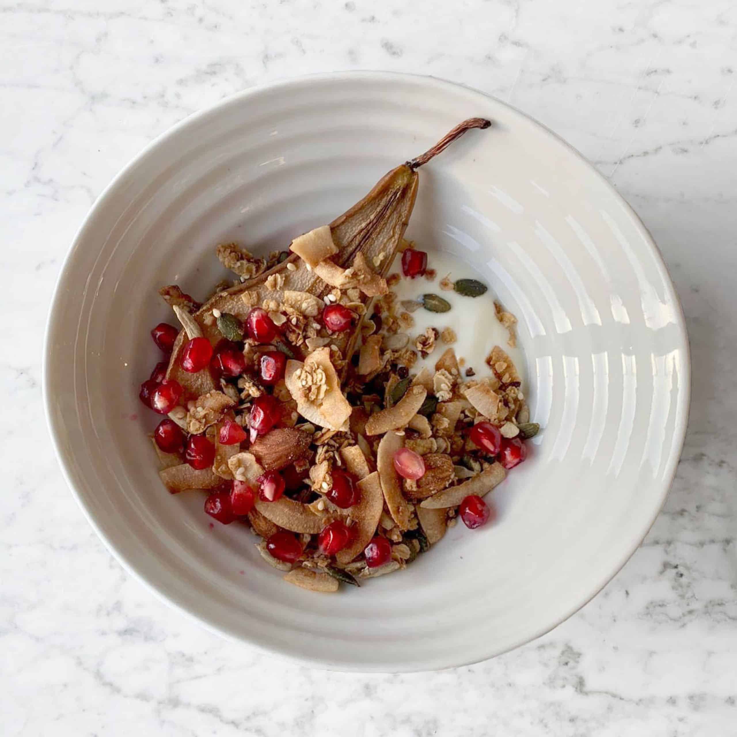 cacao spiced granola and baked pear - The Gut Stuff